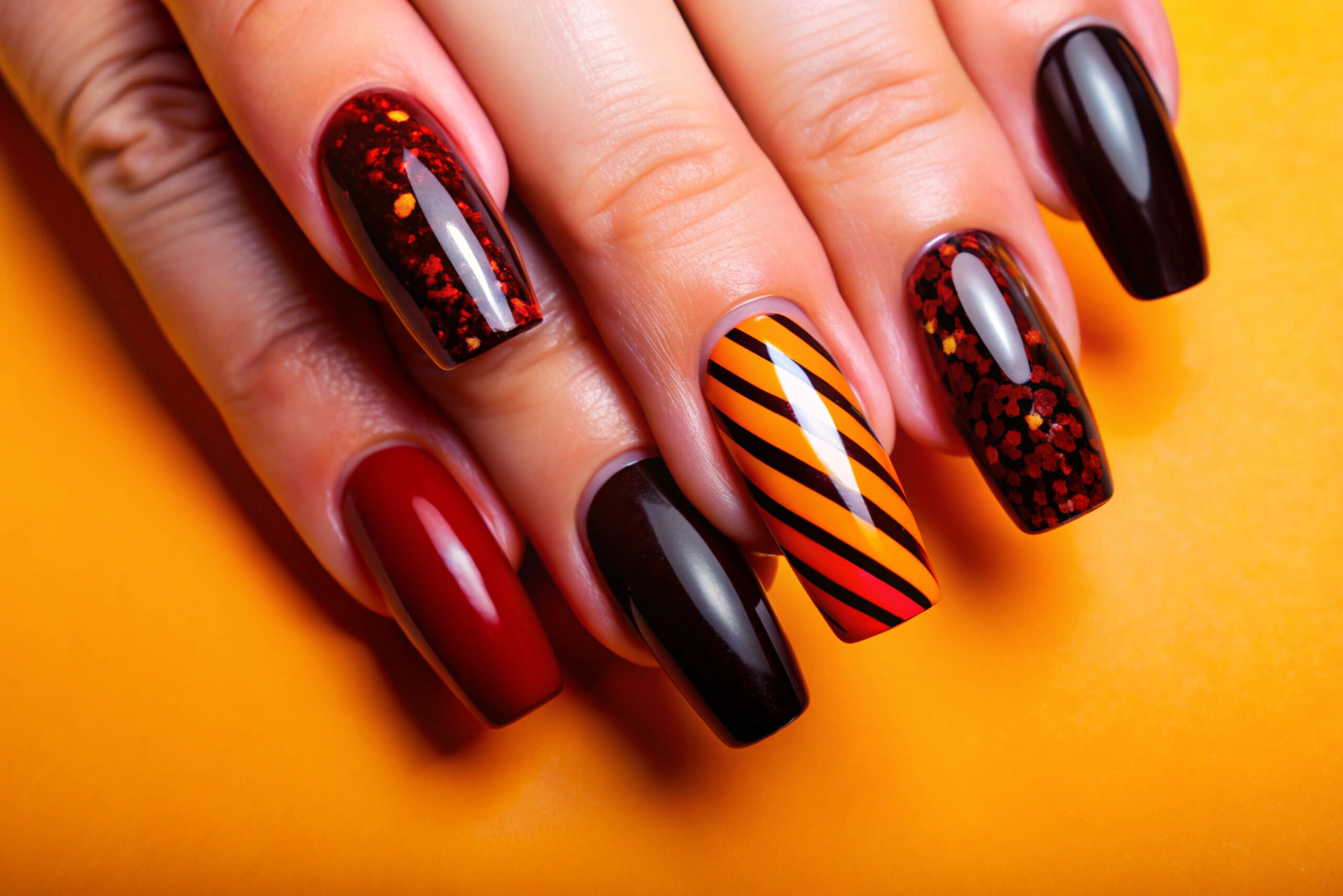 womans-nails-with-striped-design-that-says-fall
